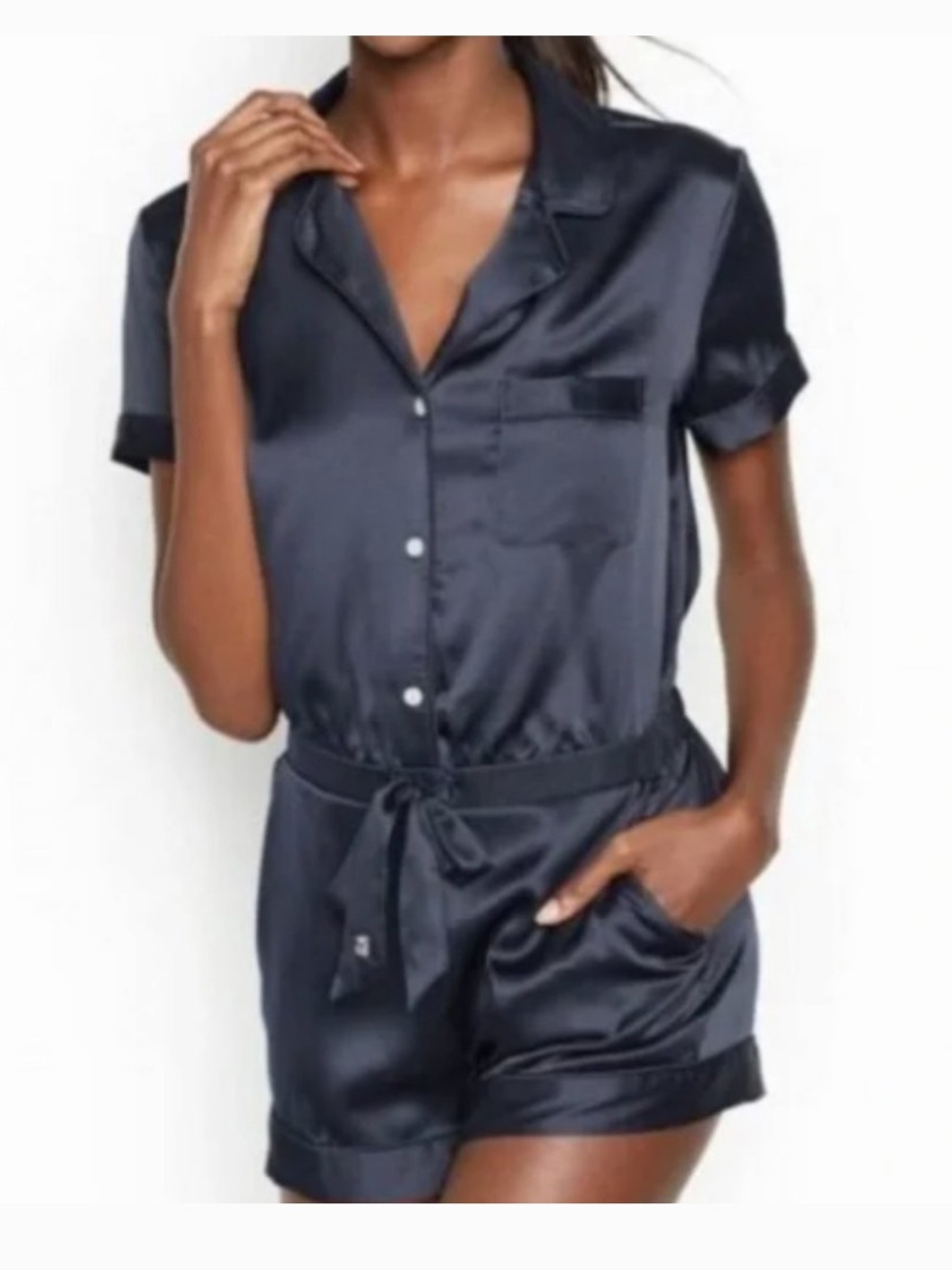 Victoria's Secret Navy Satin Short Romper with Tie Waist